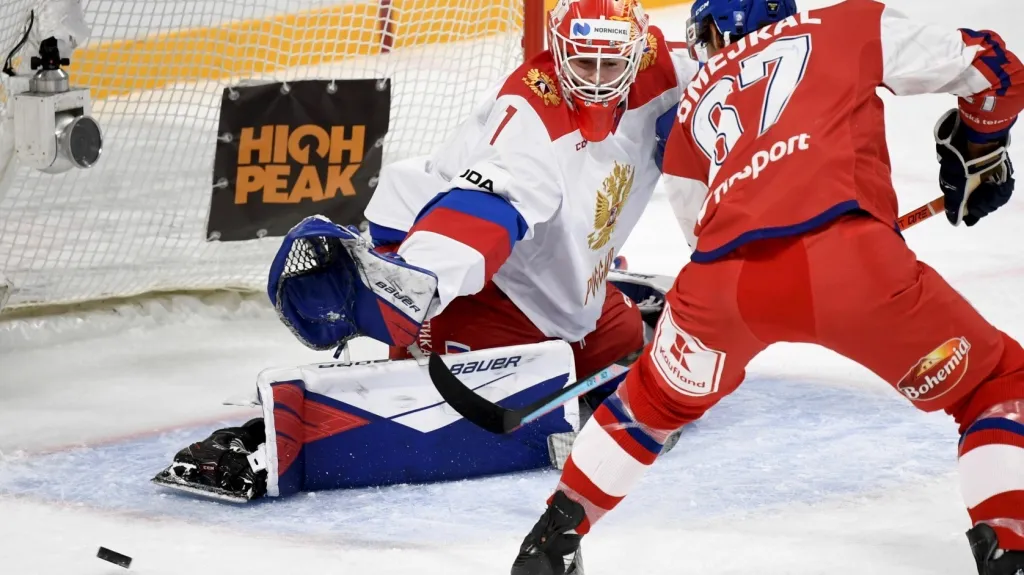 Brankář Jaroslav Askarov v utkání proti Česku