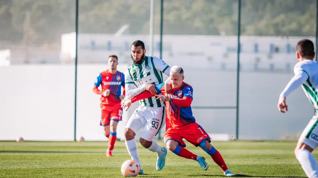 Plzeňský Jan Sýkora (vpravo) bojuje o míč v utkání s Ferencvárosem