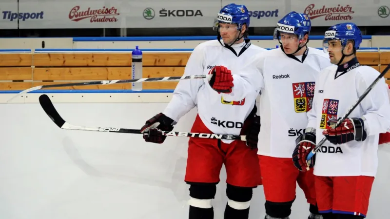 Petr Tenkrát, Jiří Tlustý a Tomáš Plekanec na tréninku české reprezentace