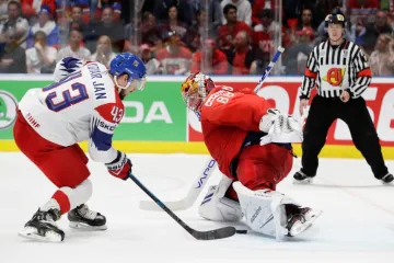 Jan Kovář v šanci proti ruskému brankáři Andreji Vasilevskému