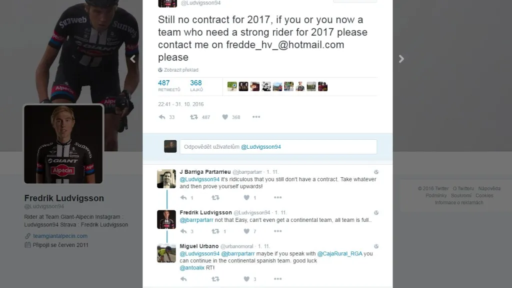 Fredrik Ludvigsson a jeho inzerát na Twitteru