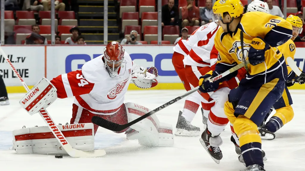 Brankář Detroitu Petr Mrázek v zápase proti Nashvillu