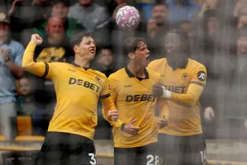 Ladislav Krejčí (vlevo) se raduje se spoluhráči z Wolverhamptonu