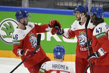 David Krejčí (vlevo) se raduje s Davidem Pastrňákem