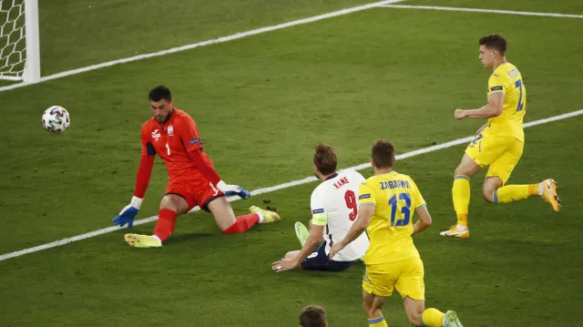 Gól v utkání Ukrajina - Anglie: Kane - 0:1 (4. min.)