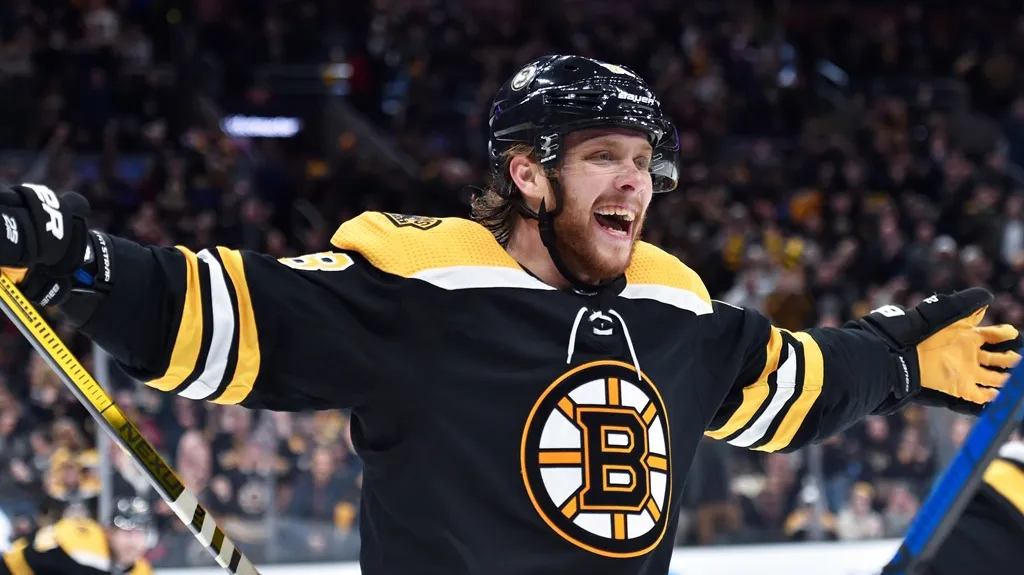 David Pastrňák z Bostonu oslavuje gól proti Winnipegu