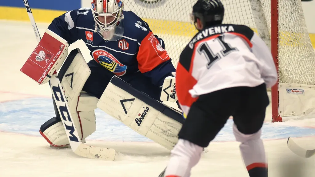 Vítkovický brankář Daniel Dolejš čelí Romanu Červenkovi z Fribourgu