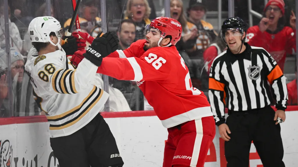 David Pastrňák z Bostonu (vlevo) v roztržce s Jakem Walmanem z Detroitu