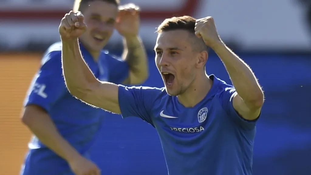 Jakub Pešek z Liberce oslavuje gól proti Mladé Boleslavi