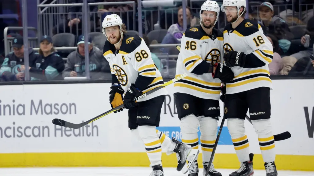 Česká letka v Bostonu slaví gól – zleva Pastrňák, Krejčí a Zacha