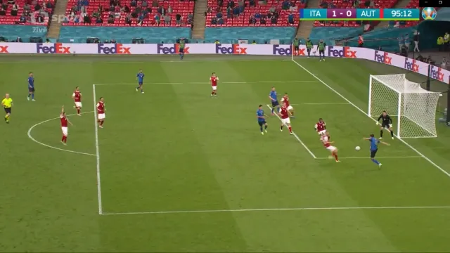 Gól v utkání Itálie – Rakousko: Chiesa – 1:0 (95. min.)
