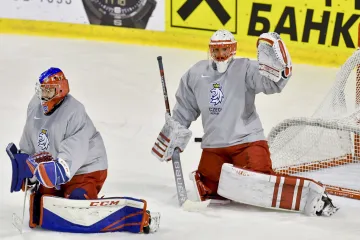 Reprezentační parťáci, brankáři Patrik Bartošák a za ním Šimon Hrubec