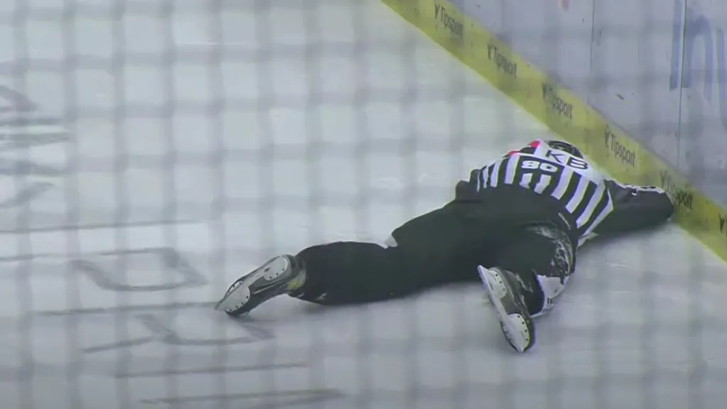 Rozhodčí Vladimír Rožánek po ataku Jakuba Strnada