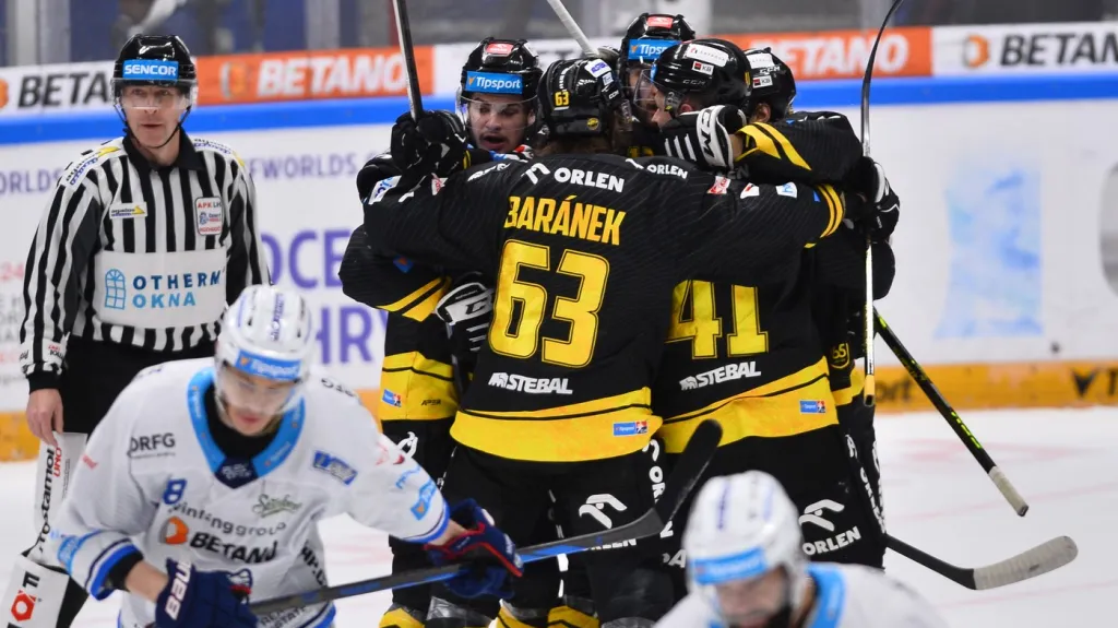 Litvínovští hokejisté slaví gól v Brně