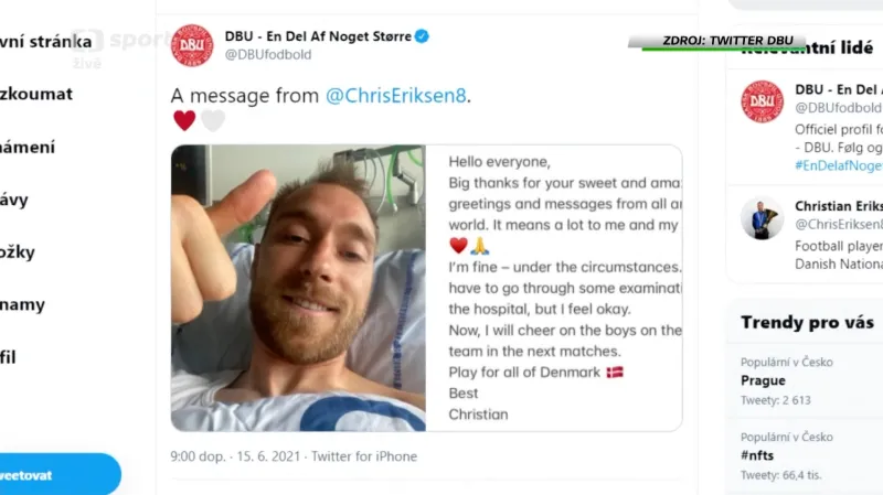Cítím se o. k., vzkázal Eriksen na Twitteru