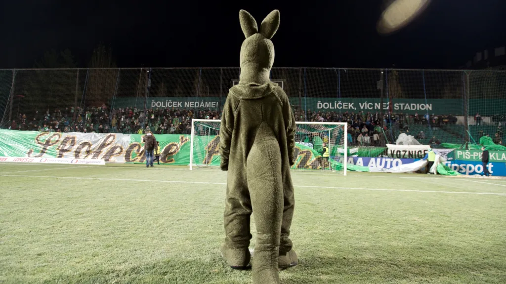 Klokan, maskot Bohemians 1905, stojí na promrzlém trávníku v Ďolíčku před kotlem domácích fanoušků