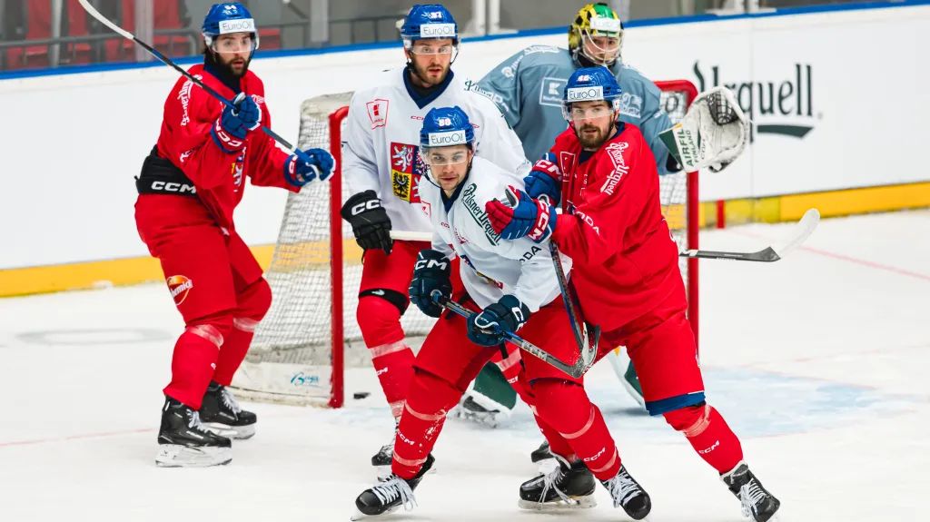 Radim Zohorna před brankářem Jakubem Málkem na reprezentačním tréninku