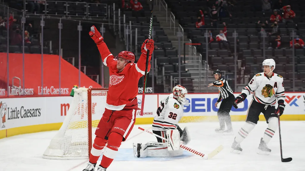 Jakub Vrána z Detroitu se raduje z gólu v utkání NHL
