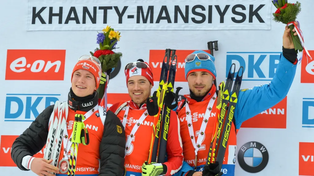 Tři nejlepší biatlonisté stíhacího závodu v Chanty Mansijsku