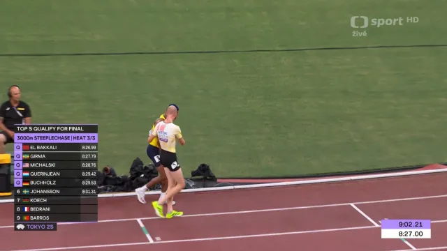 Sportovní gesto Tima Van de Veldeho v rozběhu na 3000 m Steeplechase