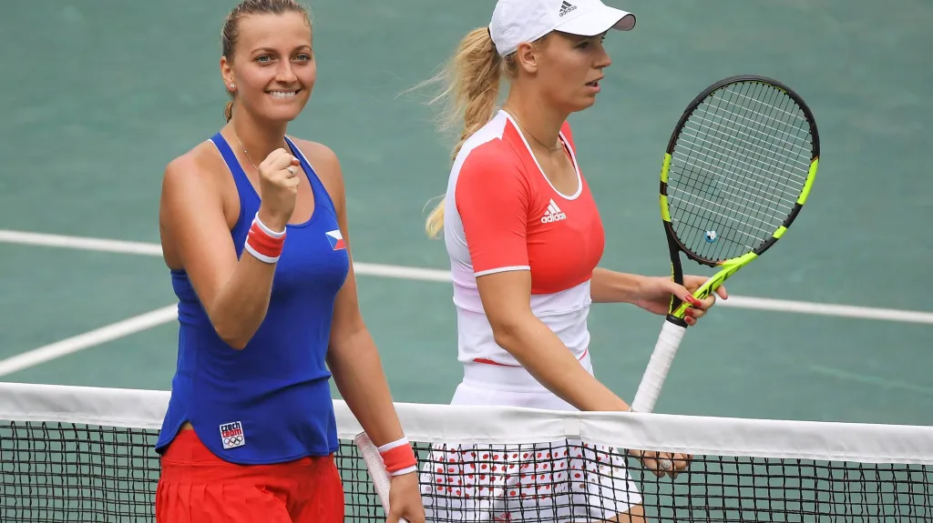 Petra Kvitová se raduje z vítězství na Caroline Wozniackou
