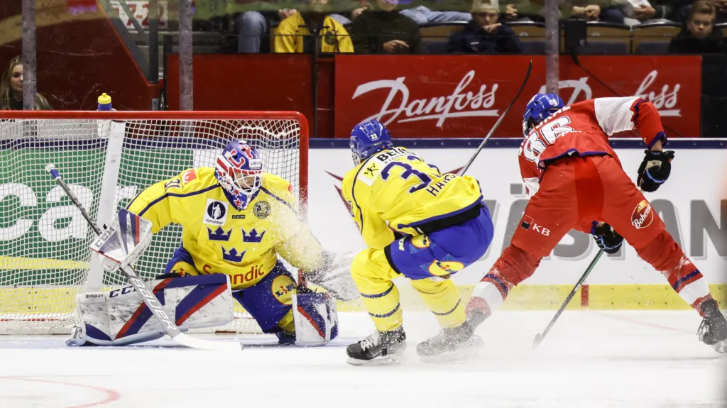 Švédský brankář Lars Johansson čelí nájezdu Jiřího Smejkala