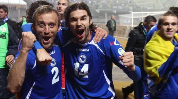Slavící fotbalisté Bosny a Hercegoviny po výhře nad Litvou