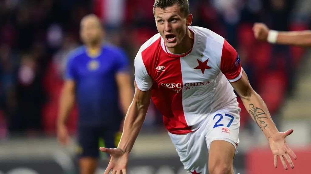 Slávista Tomáš Necid se raduje ze vstřelené branky