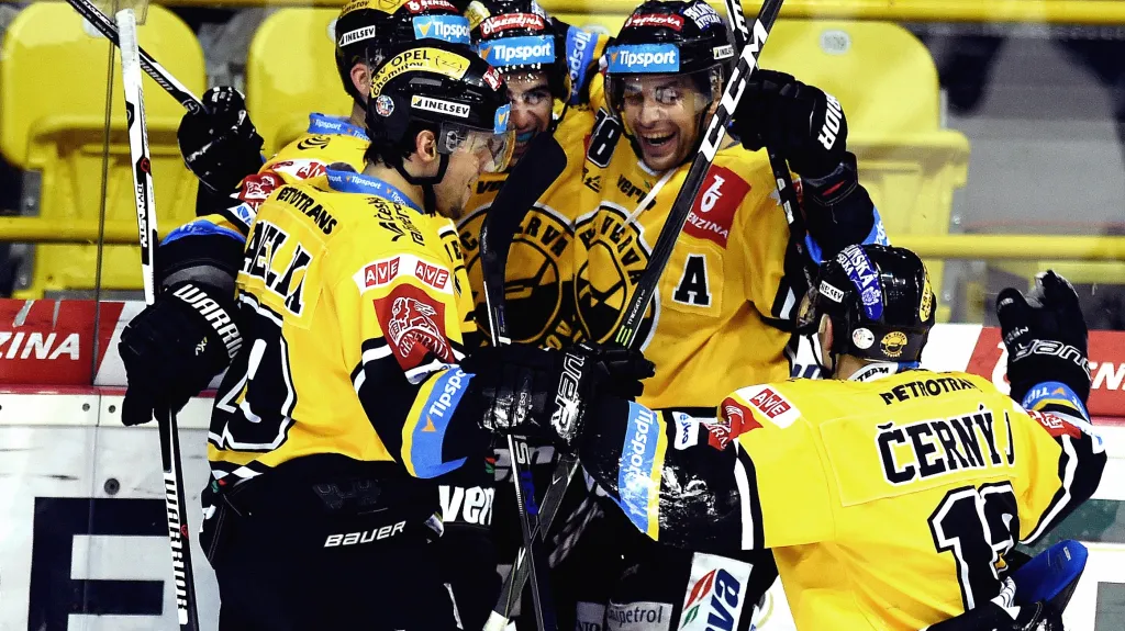 Litvínovští hokejisté se radují ze vstřelené branky