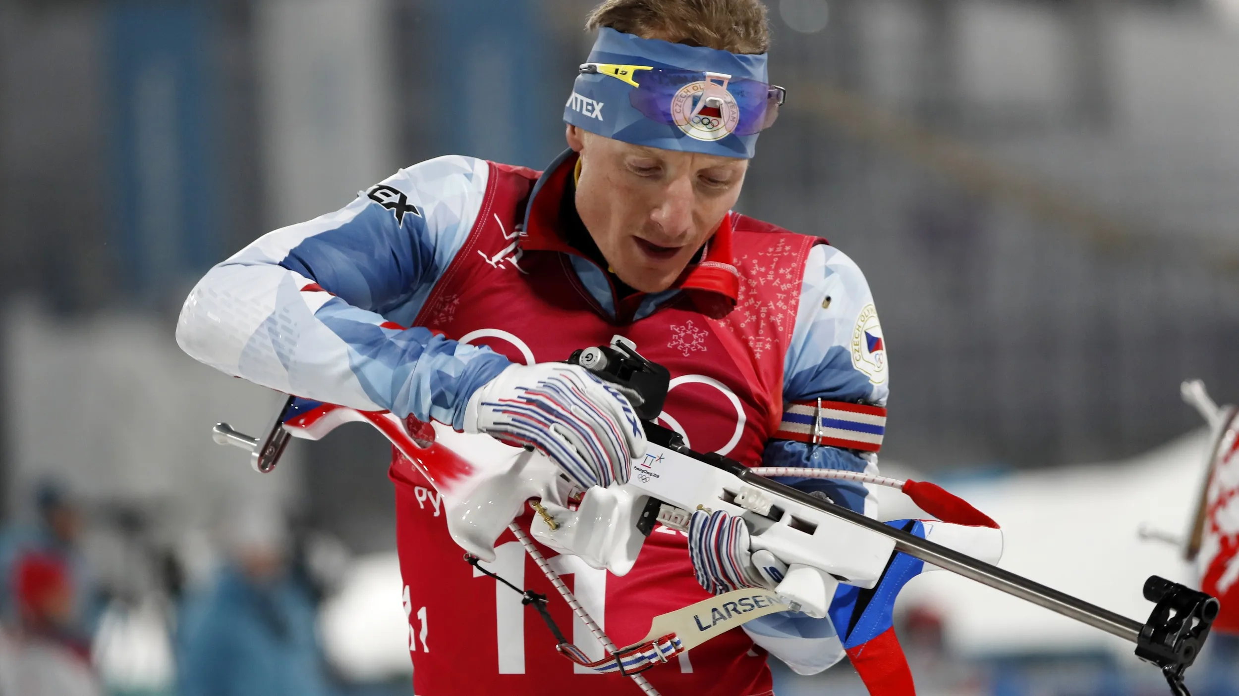 Záznam štafety biatlonistů