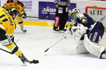 Zleva litvínovský Matěj Stříteský a brankář Vítkovic Filip Šindelář