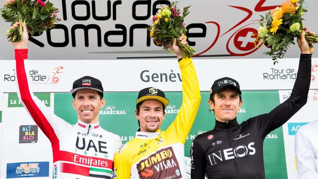 Zleva Rui Alberto Faria da Costa, Primož Roglič a Geraint Thomas