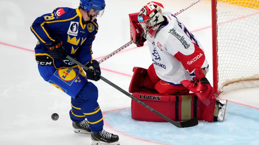 Brankář Šimon Hrubec v utkání proti Švédsku