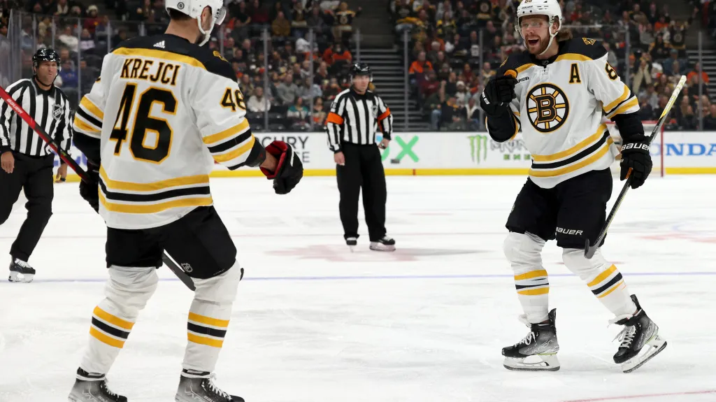 David Krejčí (vlevo) a David Pastrňák se radují z gólu Bostonu