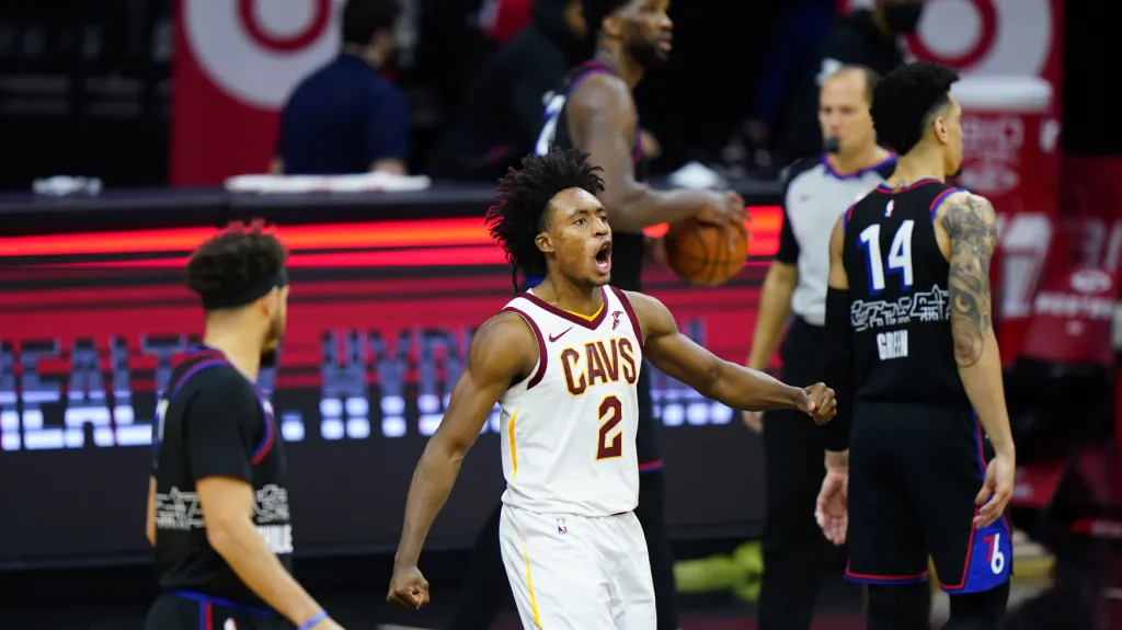 Collin Sexton z Clevelandu slaví proti Philadelphii