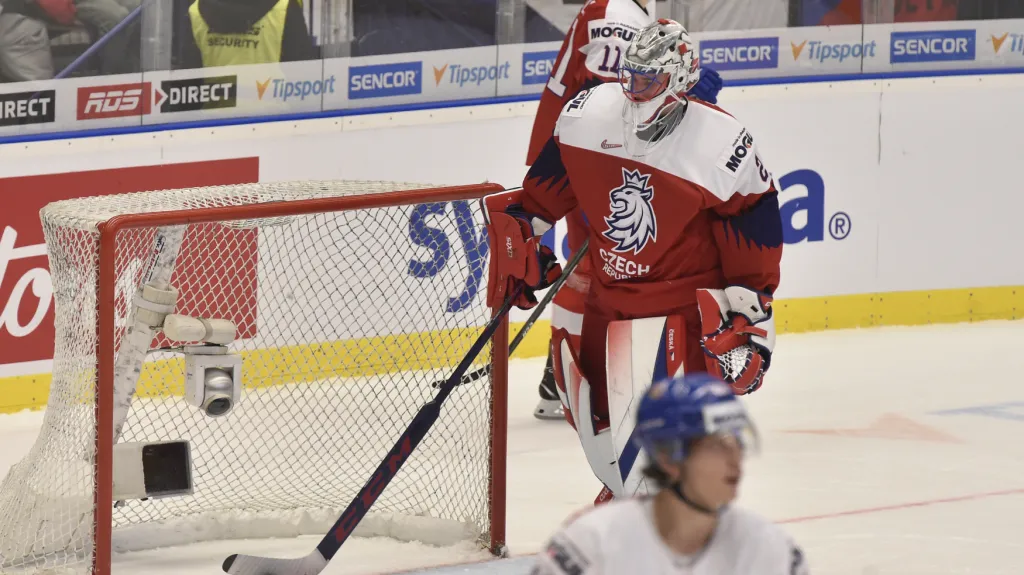 Brankář Lukáš Dostál po chybě a obdržené brance od Švédů