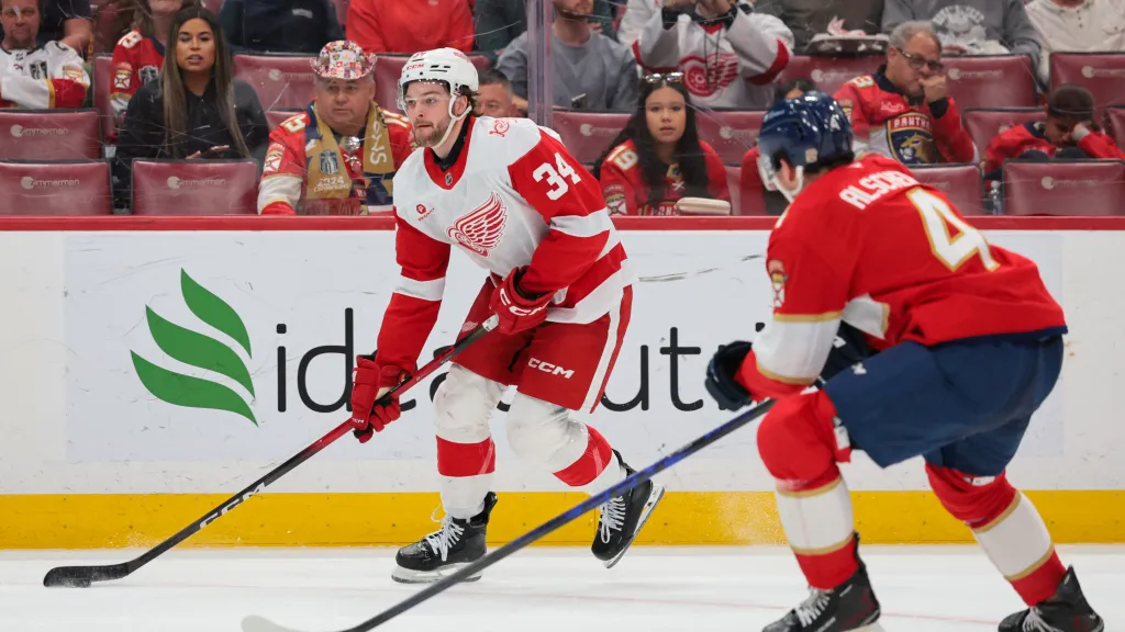 Marek Alscher (s číslem 4) z Floridy v utkání proti Detroitu