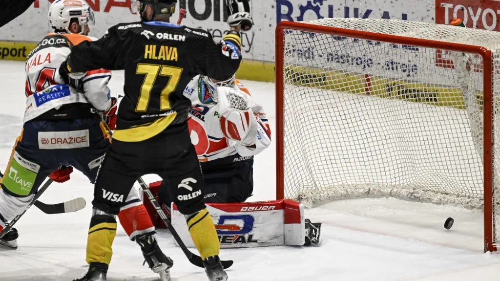 Nicolas Hlava z Litvínova se raduje z gólu v síti Pardubic