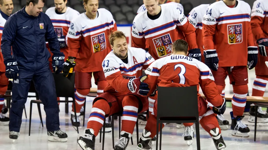 Čeští hokejisté se baví při oficiálním focení