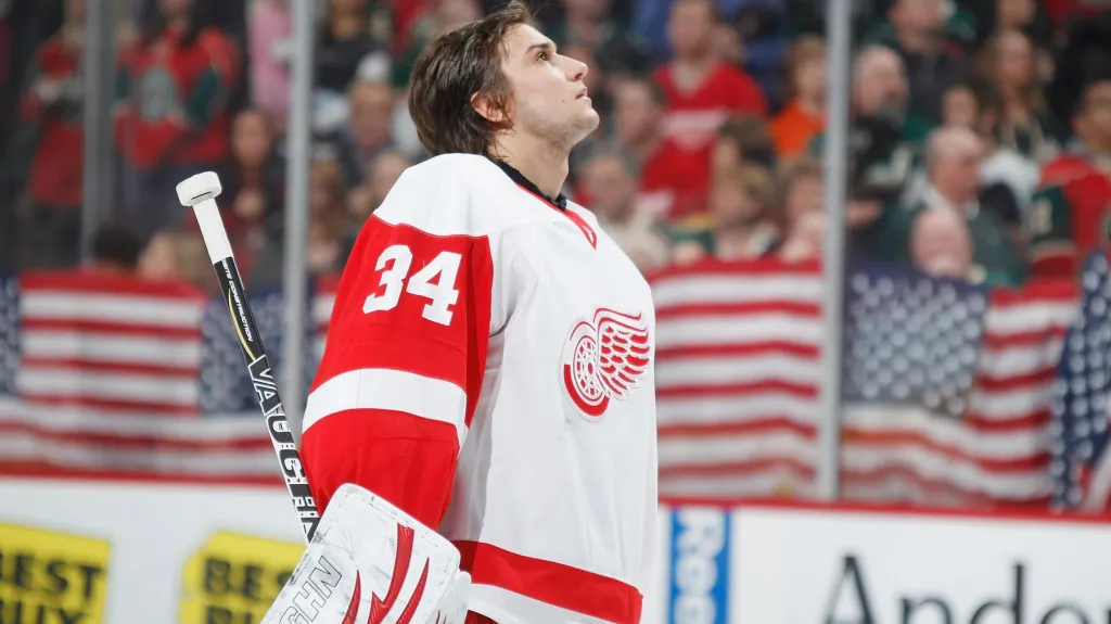 Český brankář Petr Mrázek v dresu Detroitu