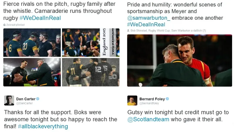 Twitterové vzkazy se slovy uznání na adresu soupeřů