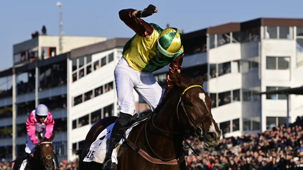 Žokej Pavel Složil se raduje s Talentem v cíli Velké pardubické