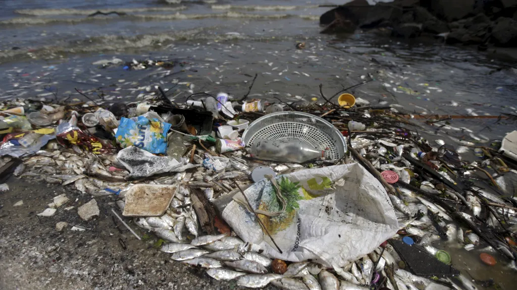 Odpadky na pláži v zálivu Guanabara