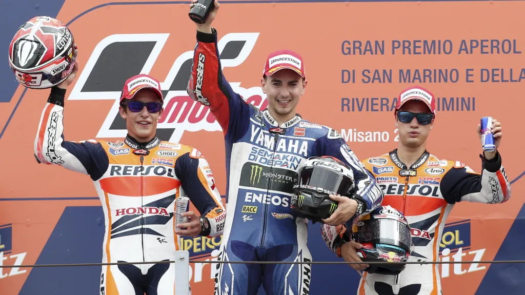 Španělé ovládli GP San Marina (zleva Marquez, Lorenzo a Pedrosa)