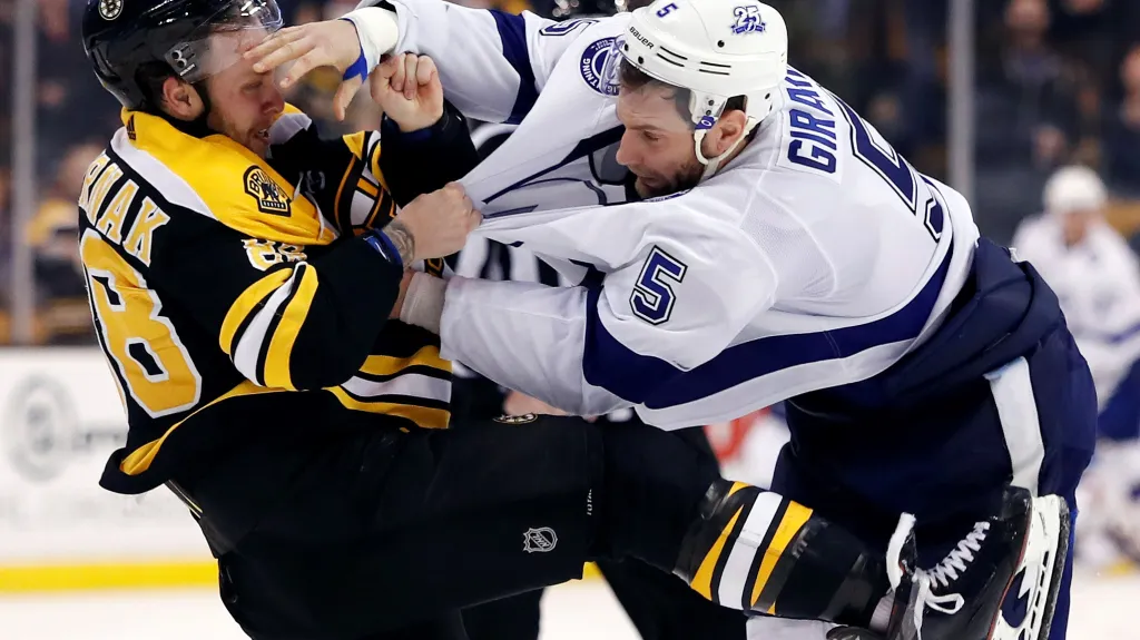 Bostonský David Pastrňák (vlevo) v bitce s Danem Girardim z Tampy Bay