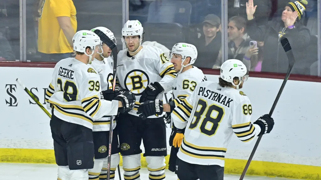 David Pastrňák oslavuje se spoluhráči branku Bruins