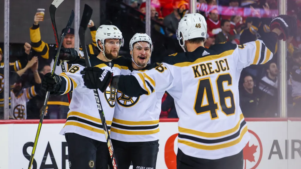 Pavel Zacha (vlevo) se raduje z Davidem Krejčím z gólu Bostonu