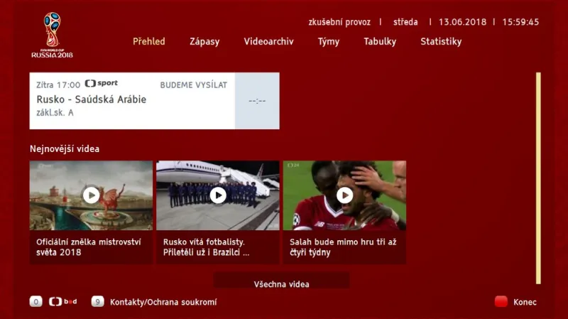 HbbTV aplikace k MS ve fotbale 2018