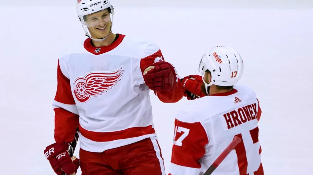 Dominik Kubalík se raduje z gólu se spoluhráčem z Detroitu Filipem Hronkem