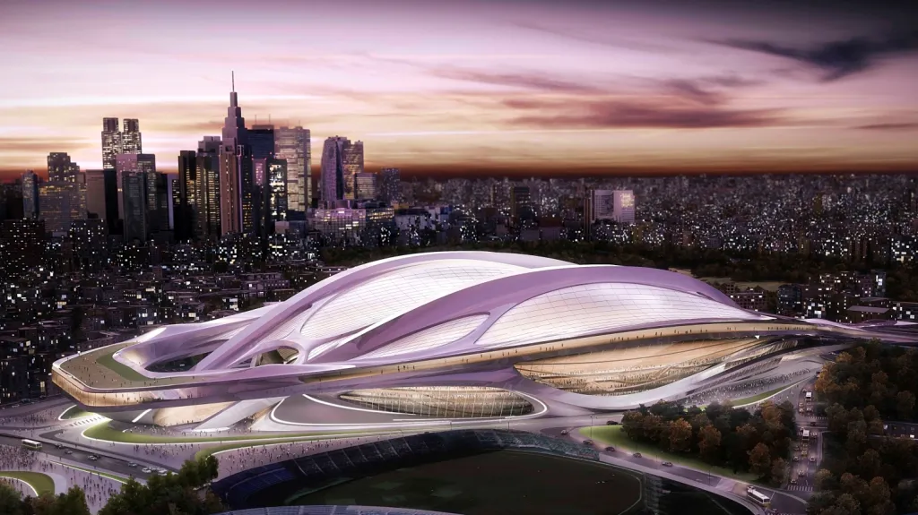 Grafická podoba olympijského stadionu pro Hry 2020 v Tokiu